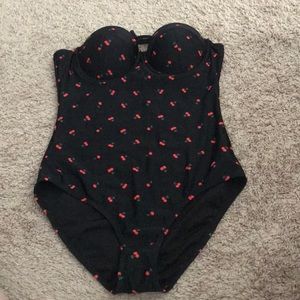 One piece bathing suit black with red cherries